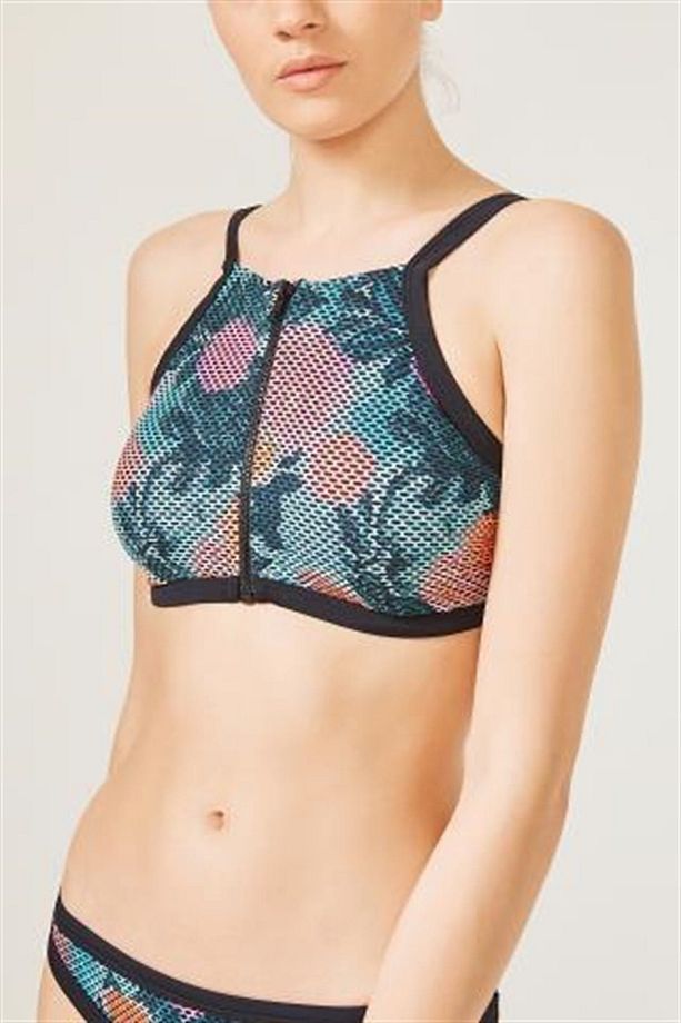 Baskılı Mesh Tropic Halter Bikini Üstü - 1
