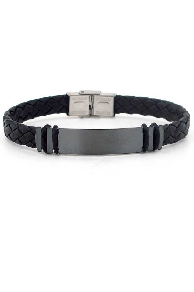 Men's Black Leather Black Steel Special Design Bracelet Bl081