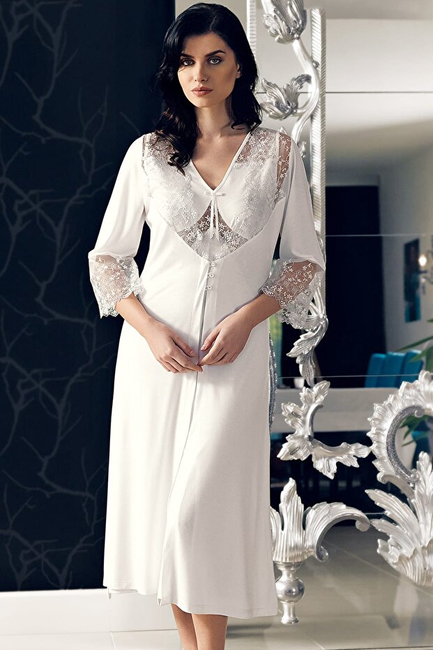 Women's White Nightgown Dressing Gown Set Mbp24137-1