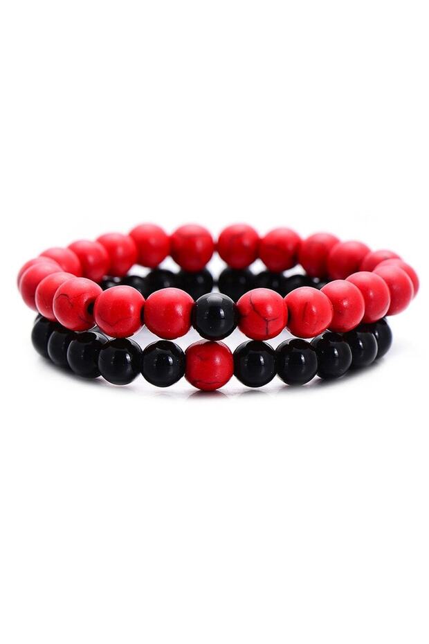 Unisex Double Red Howlite-Shiny Onyx Natural Stone Bracelet 72421BL