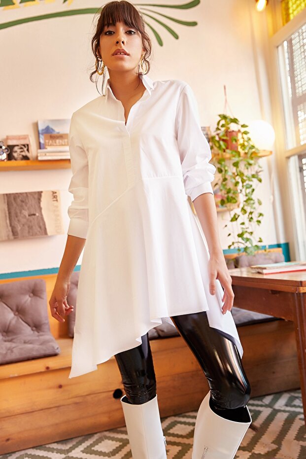 Women's White Shirt Collar Asymmetrical Tunic TNK-19000034