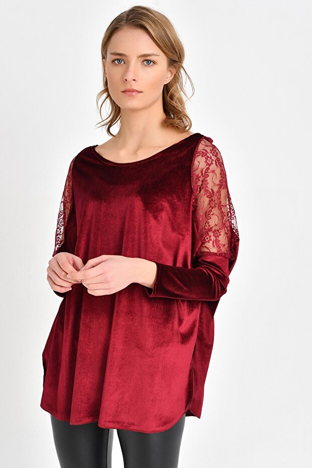 Shoulder Detailed Velvet Blouse Claret Red BDM2509