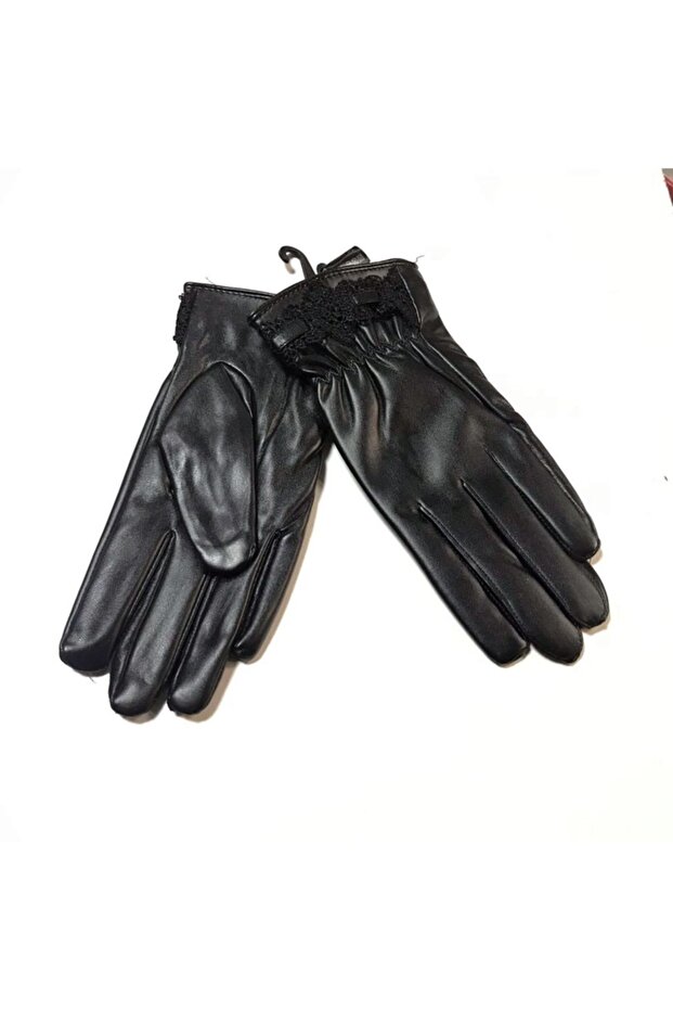 Siyah Renk Kadın Suni Deri Eldiven - 1