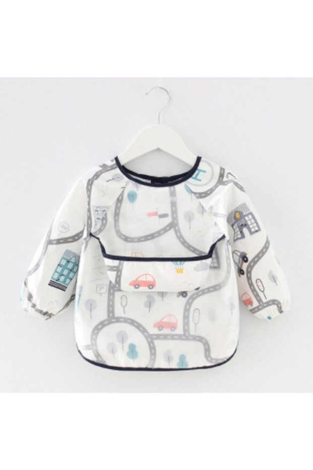 Gray Cars on the Road with Trolley - Long Sleeve Waterproof Baby Food and Activity Bib