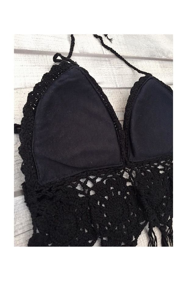 Bayan Siyah Örgü Bralet Dantelli Büstiyer Sütyen Plaj Elbisesi - 2