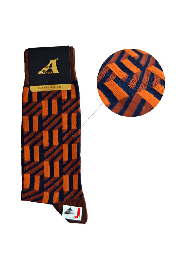 جوارب متقاطعة منقوشة باللون الأزرق الداكن والبرتقالي - 3