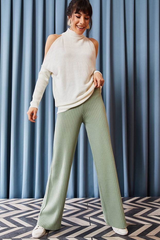 Women's Mint Green Corded Thick Knitwear Trousers PNT-19000055