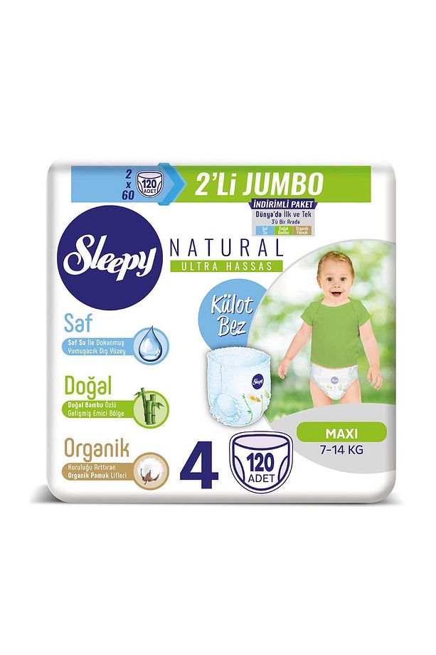 Natural Külot Bez 4 Beden Maxi 2x2'li Jumbo 120 Adet 7-14Kg - 1