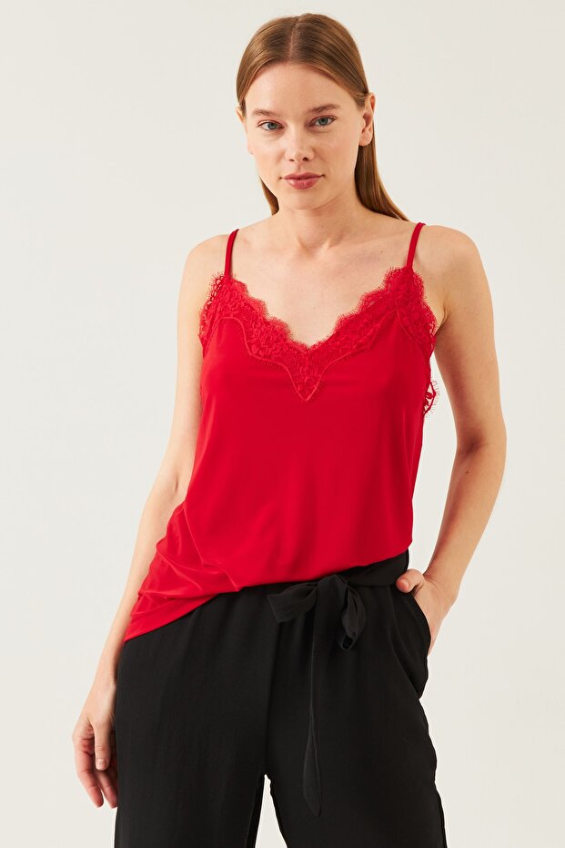 Women's Red String Strap Lace Blouse