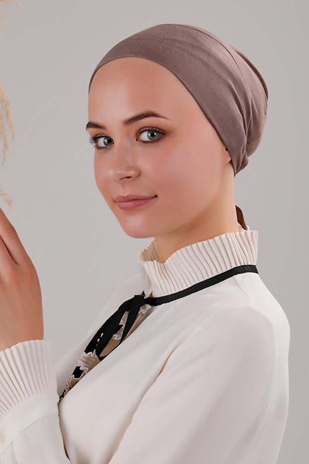 حجاب متشابك فسكوز ليكرا بونيه بني حليبي