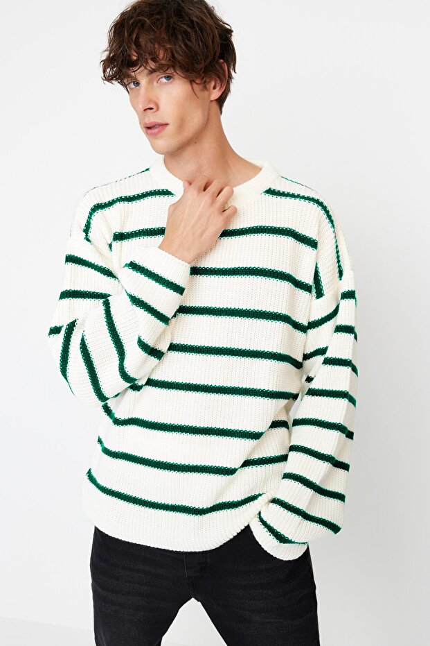Yeşil Casual Unisex Oversize Fit Geniş Kalıp Bisiklet Yaka Çizgili Triko Kazak TMNAW23KZ00285 - 3