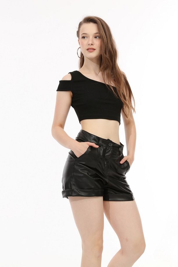 KADIN SİYAH RENKLİ TEK OMUZ POLİVİSKON CROP - 7