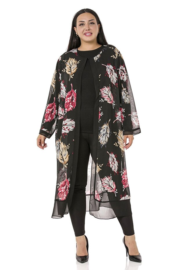 سترة شيفون سوداء غير مبطنة بتفاصيل أزرار مقاس كبير - 1