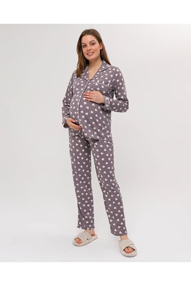 Front Buttoned Plus Size Combed Cotton Maternity Pajama Set - 6