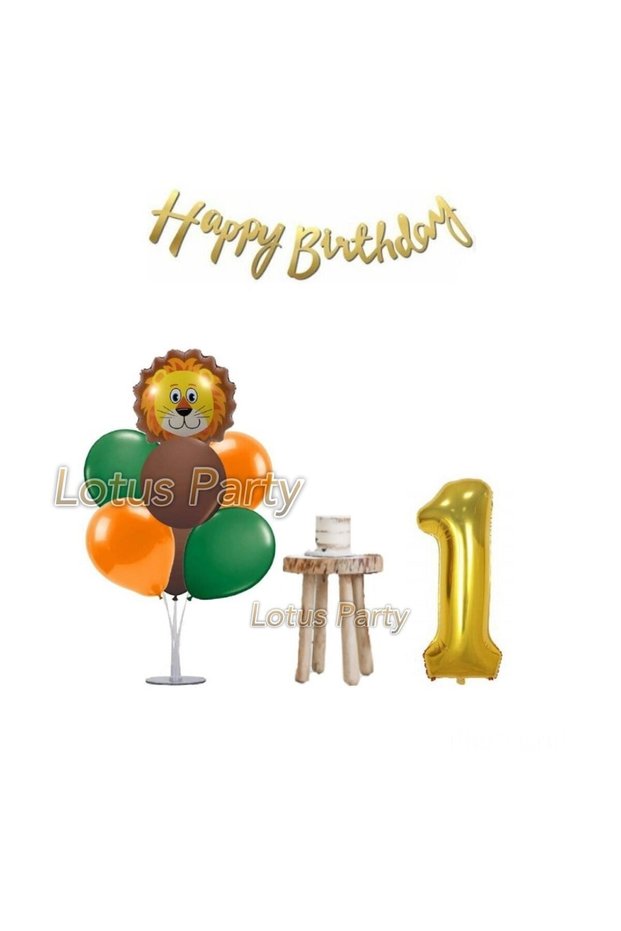 1 Year Safari Themed Minimal Birthday Party Set Lion Foil Balloon Balloon Stand Gold Number Foil