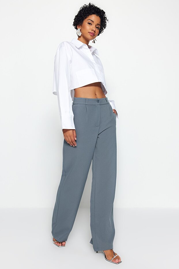 Indigo Yüksek Bel Wide Leg/Geniş Paça Pilili Dokuma Kumaş Pantolon TWOAW21PL0076 - 3