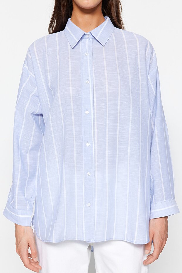 Mavi Çizgili Oversize/Geniş Kalıp Dokuma Gömlek TWOSS23GO00467 - 4