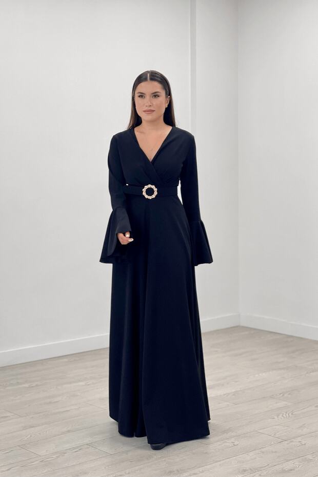 Crepe Fabric Sleeves Flounce Detailed Maxiboy Evening Dress - BLACK
