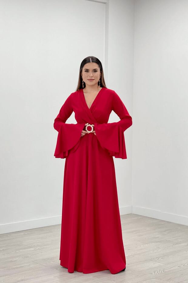 Crepe Fabric Sleeves Flounce Detailed Maxiboy Evening Dress - RED