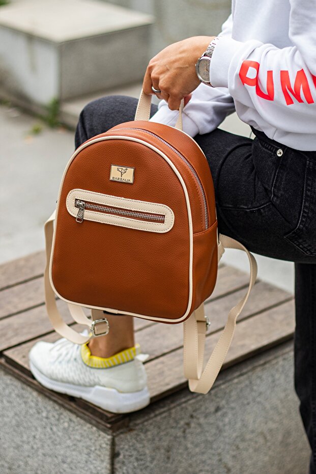 Oslo Multi-Compartment Tan Beige Women's Backpack with Double Inner Pocket Detail and External Zipper Eyes