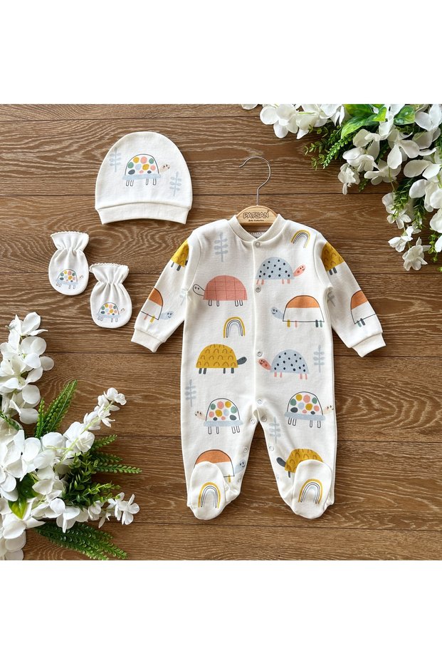Organic Cotton 3 Piece Baby Romper with Hat, Gloves and Booties, Colorful Turtles