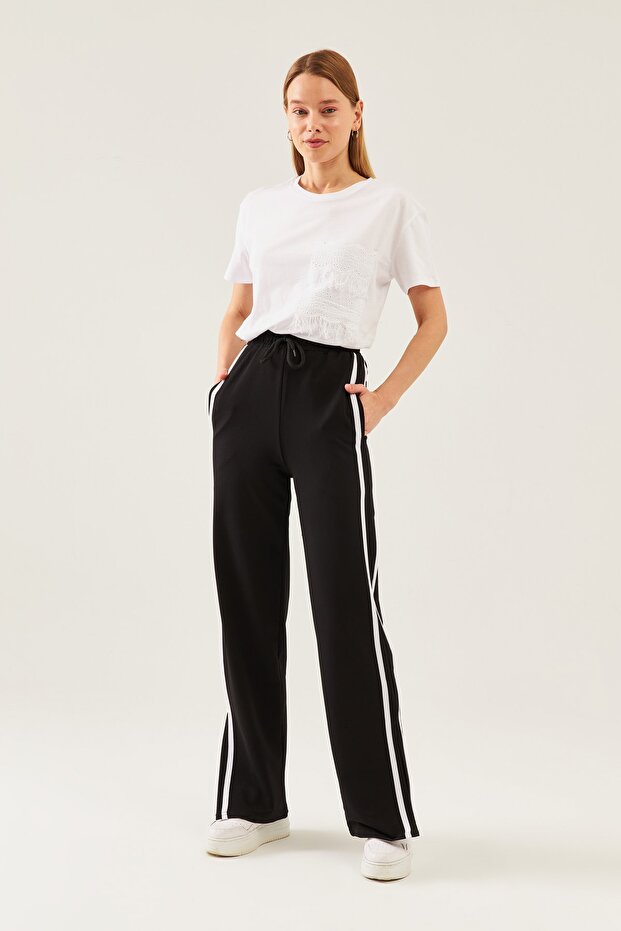 Women's Black Striped Slit High Waist Wide Leg Sweatpants