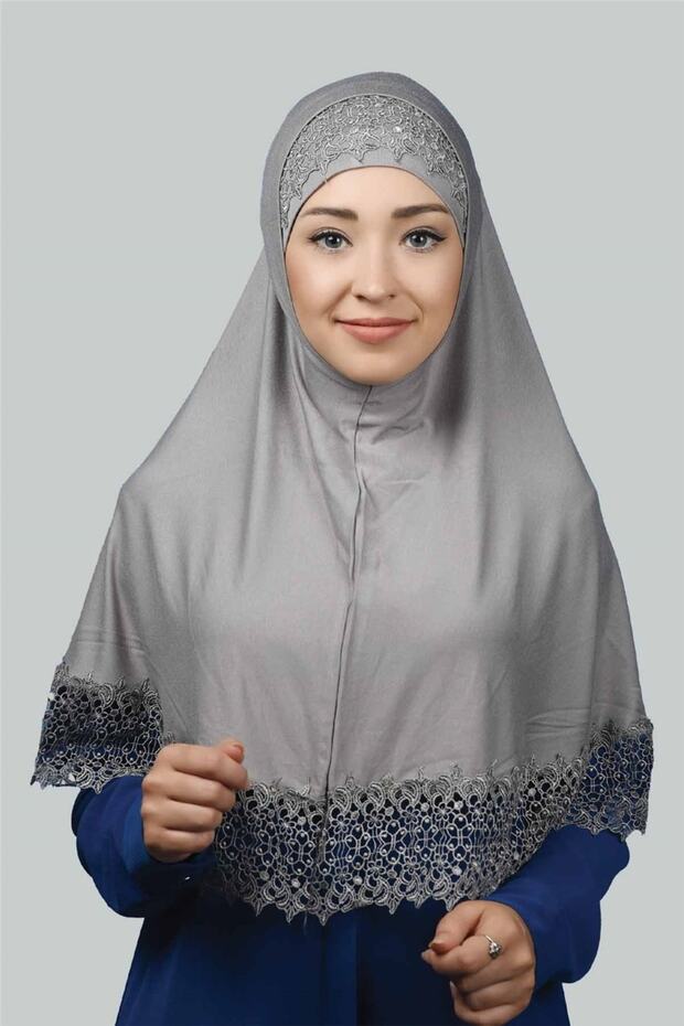 Set of Two Lacy Practical Scarf Ready Hijab and Hijab Bonnet Xl - Gray