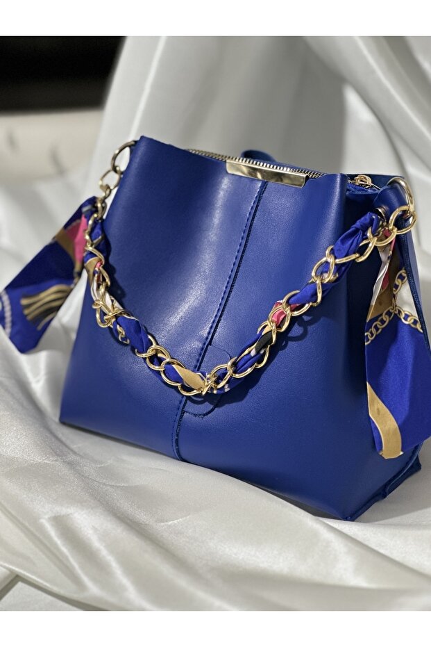 Women's Saks Scarf Chain Accessory Soft Leather 3-Compartment Hand and Shoulder Bag