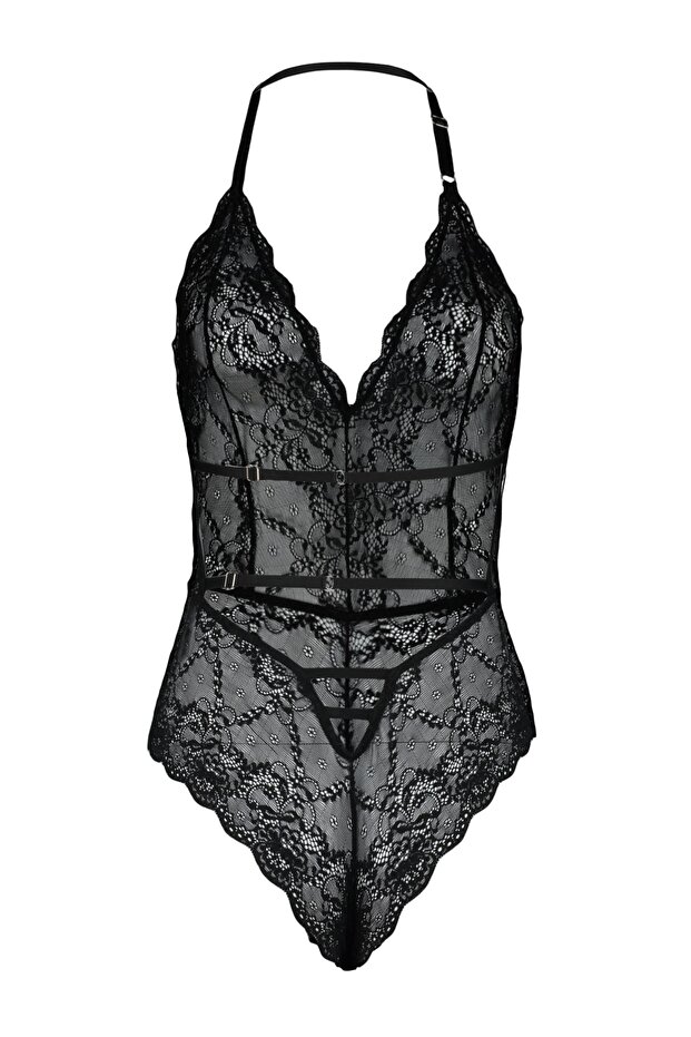 Siyah Dantelli İp Askılı Çıtçıtlı Örme Body THMAW23BD00009 - 6