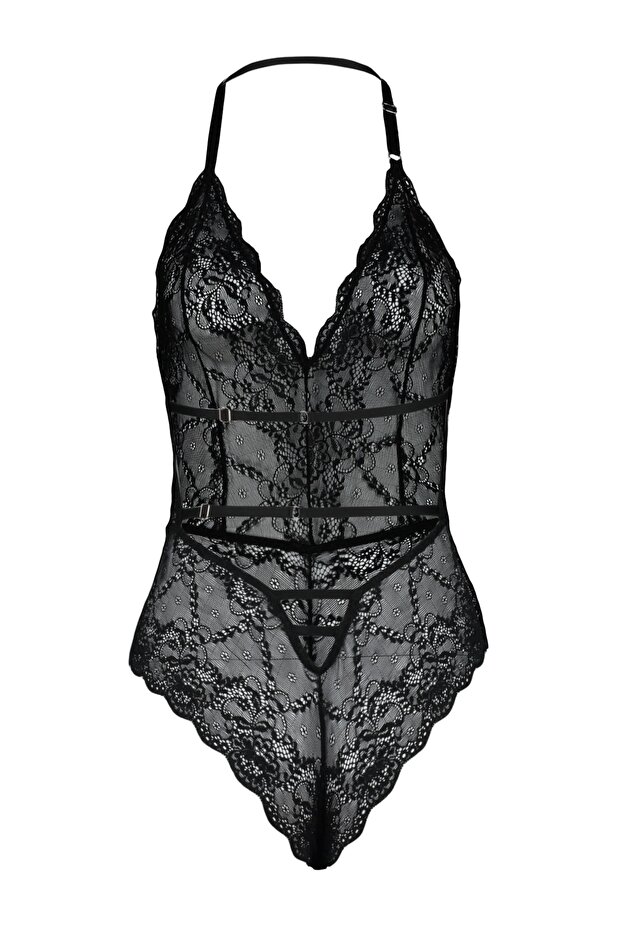 Siyah Dantelli İp Askılı Çıtçıtlı Örme Body THMAW23BD00009 - 8
