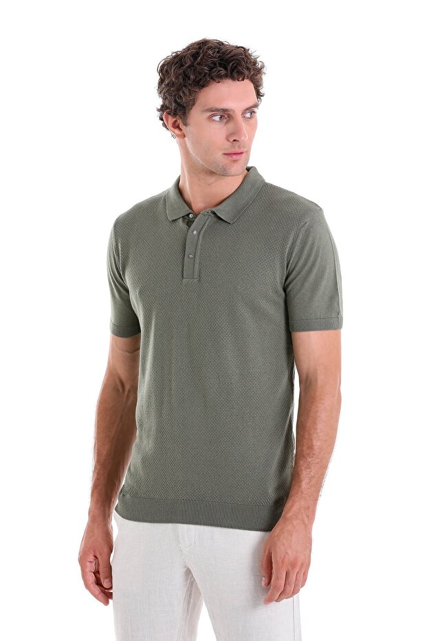 Khaki Regular Fit Jacquard Cotton Polo Collar Knitwear T-Shirt