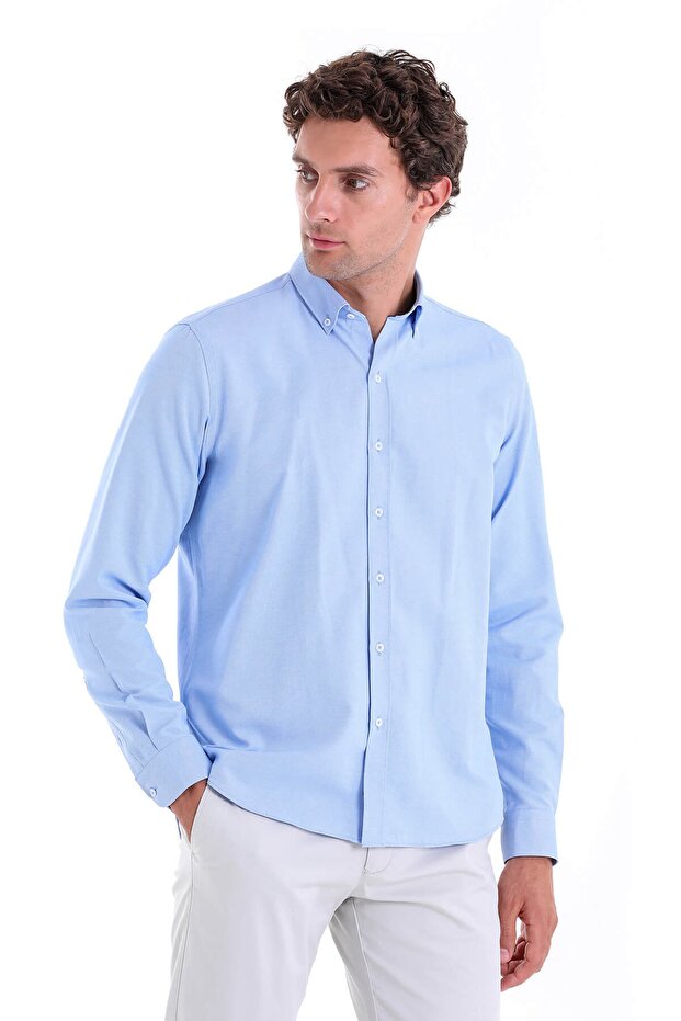 Blue Comfort Fit Straight Buttoned Collar Long Sleeve Casual Oxford Shirt