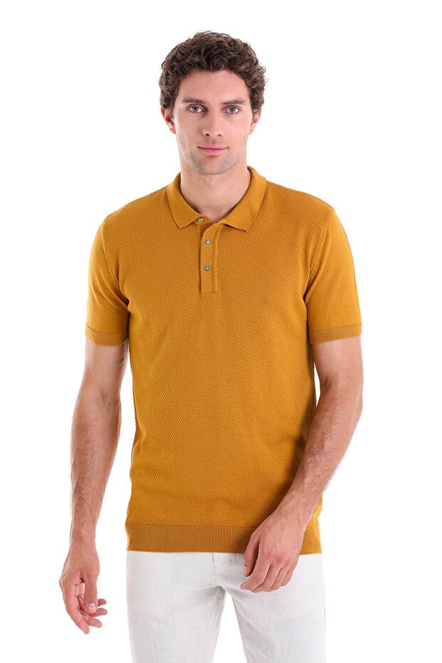 Mustard Regular Fit Jacquard Cotton Polo Collar Knitwear T-Shirt