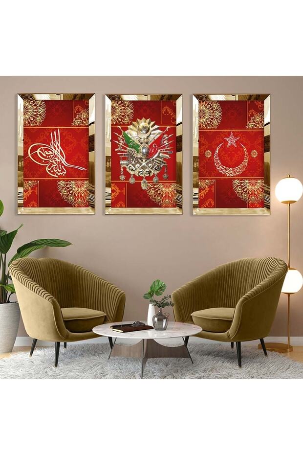 طقم طاولة MDF بإطار زجاجي شبكي ذهبي معكوسة وخلفية حمراء ثلاثية ونمط ذهبي عثماني