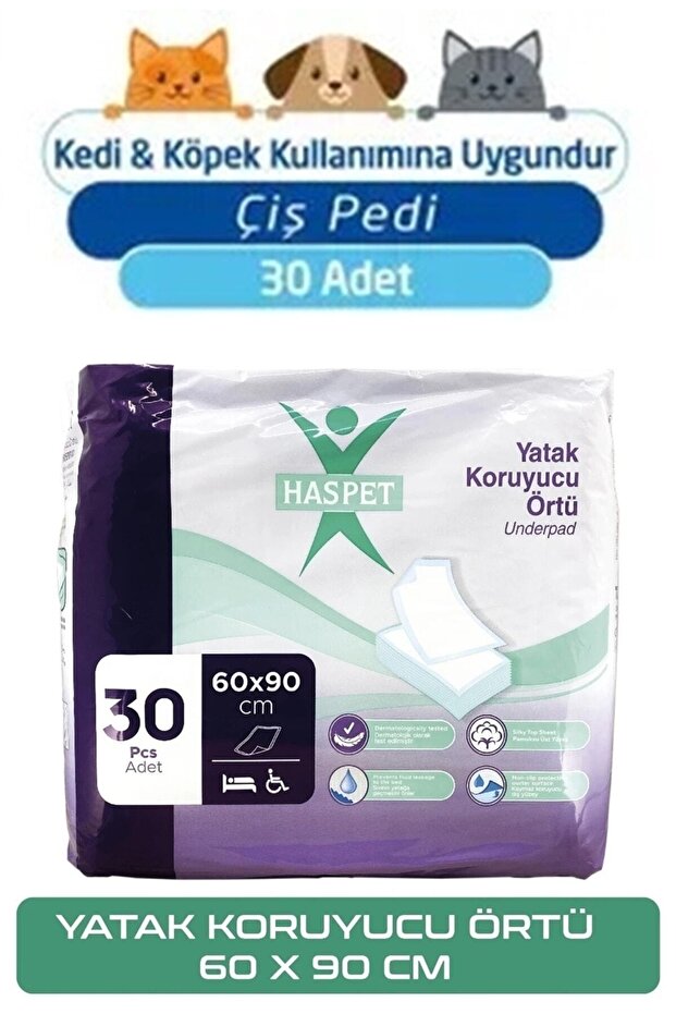 غطاء حماية للسرير Haspet - وسادة تبول للقطط والكلاب مقاس 60 × 90 سم 30 قطعة