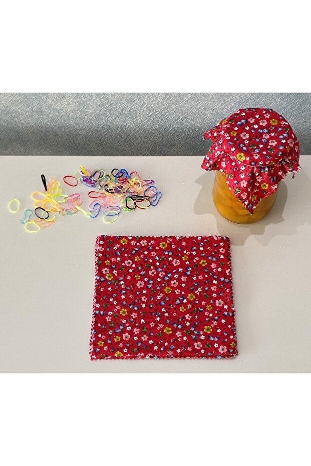 50 Adet PÇiçekli Kırmızı Kavanoz Kapağı Kumaşı (Örtüsü) ve Renkli Bağlama Lastiği - 1