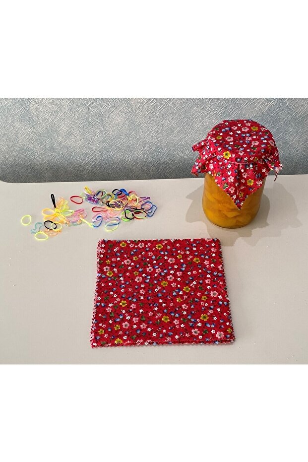 50 Adet PÇiçekli Kırmızı Kavanoz Kapağı Kumaşı (Örtüsü) ve Renkli Bağlama Lastiği - 2