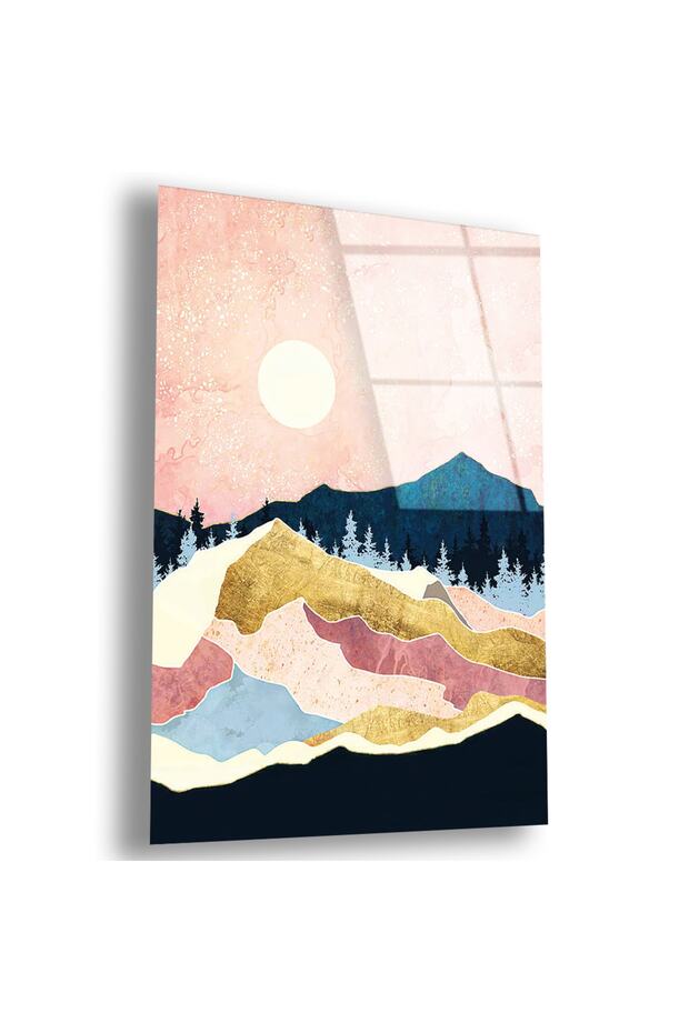 Frameless Vertical Collage Drawing Colorful Mountains and Full Moon Unbreakable Glass Painting