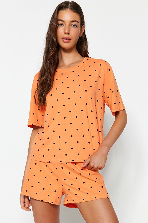Turuncu-Çok Renkli %100 Pamuklu Puantiyeli ve Kalpli Şortlu Örme Pijama Takımı THMSS21PT1485 - 3