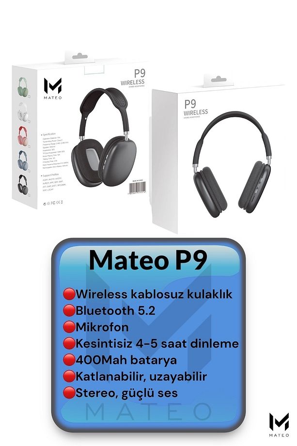 Siyah P9 Bluetooth Kablosuz Kulaklık | Mikrofonlu | Ios Android Uyumlu | - 6