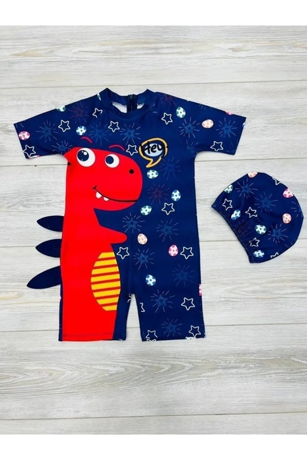 Boy's Short Sleeve Full Body Sun Protection Boneli Swimsuit - Sweet Dino Themed Baby Boy Swimsuit