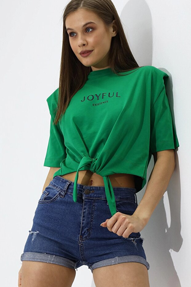 Sloganlı Bel Detay Örme T-Shirt - 3