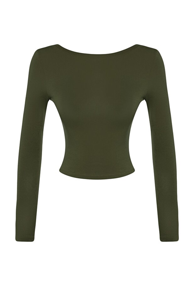 Haki Derin Sırt Dekolteli Fitted/Vücuda Oturan Pamuklu Esnek Örme Bluz TWOAW24BZ00173 - 6
