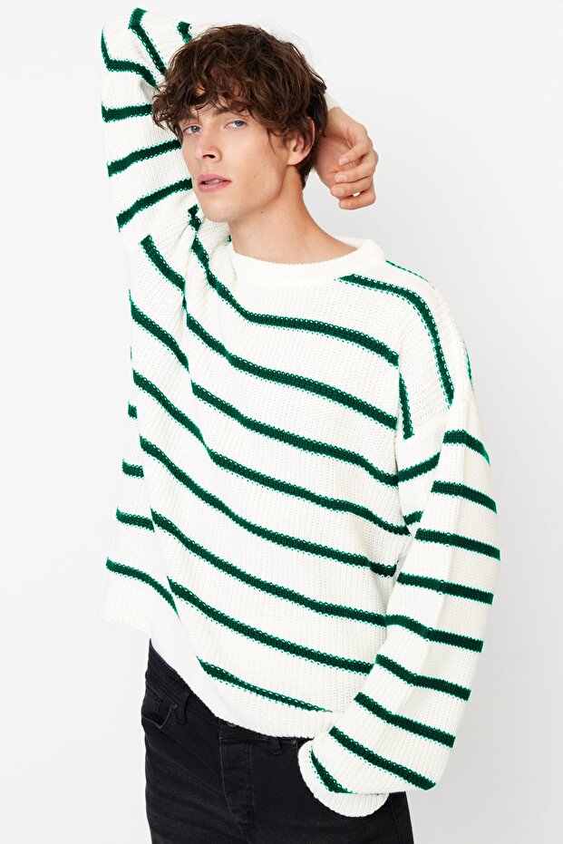 Yeşil Casual Unisex Oversize Fit Geniş Kalıp Bisiklet Yaka Çizgili Triko Kazak TMNAW23KZ00285 - 4