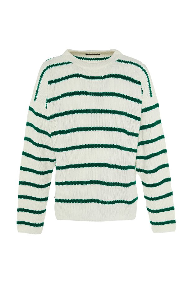 Yeşil Casual Unisex Oversize Fit Geniş Kalıp Bisiklet Yaka Çizgili Triko Kazak TMNAW23KZ00285 - 7