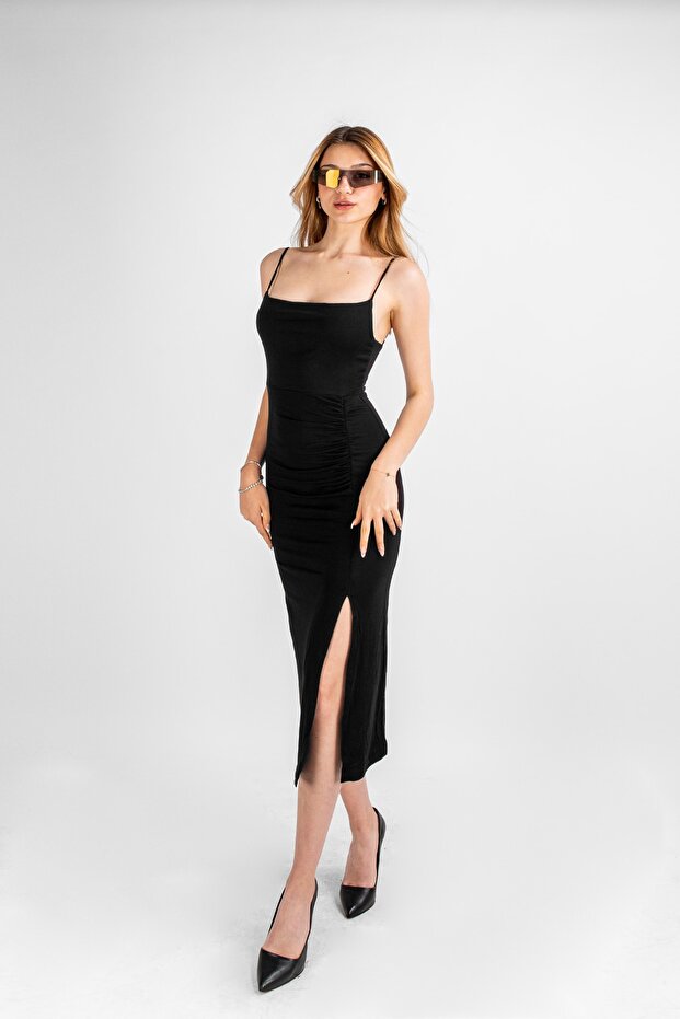 Μαύρο φόρεμα Basic Midi με λουράκι - 1