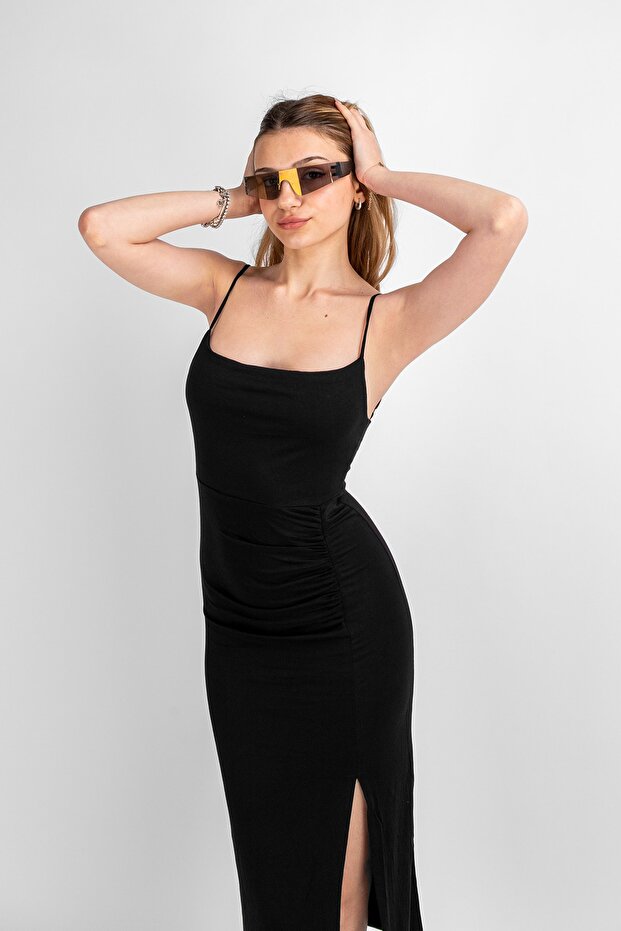Μαύρο φόρεμα Basic Midi με λουράκι - 6