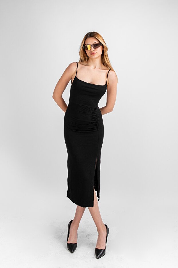 Μαύρο φόρεμα Basic Midi με λουράκι - 7