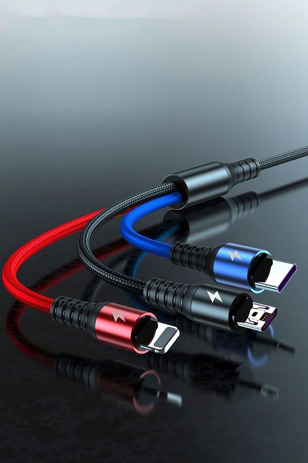 Xiaomi Huawei Samsung Iphone Uyumlu 3in1 Hasır Hızlı Şarj Kablosu Type-c Micro Usb Iphone Girişli - 2