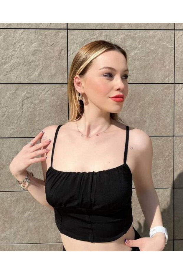Women's Stylish and Flashy Front Gathered Strap Draped Crop Blouse BLACK